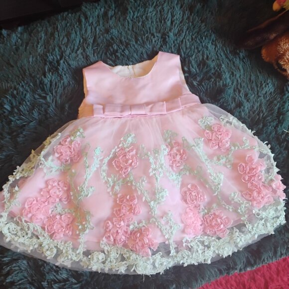 Baby Girl Pink Floral Tulle Dress | 6–9 Months | Bow Back - Picture 2 of 6